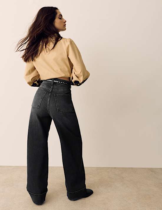 High Waisted Straight Leg Turn Up Jeans