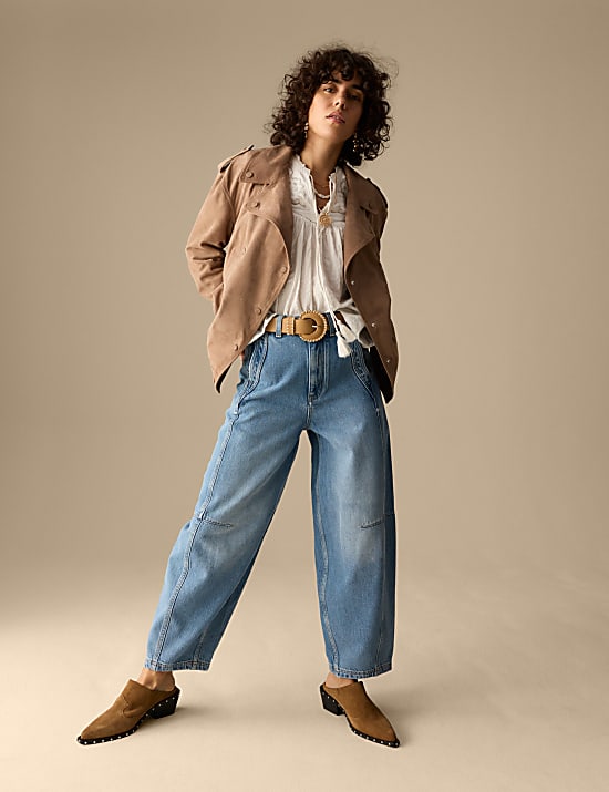 Lyocell Blend High Waisted Barrel Ankle Grazer Jeans