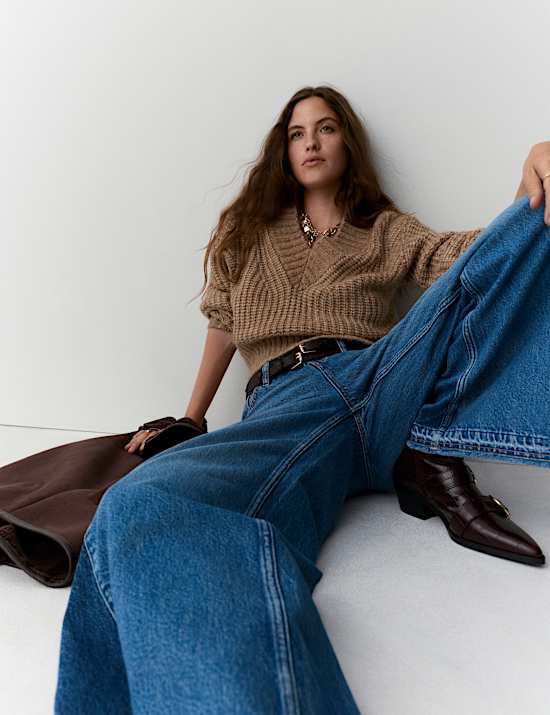 Jean taille haute coupe large en deux tons