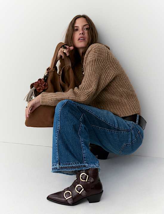 Jean taille haute coupe large en deux tons