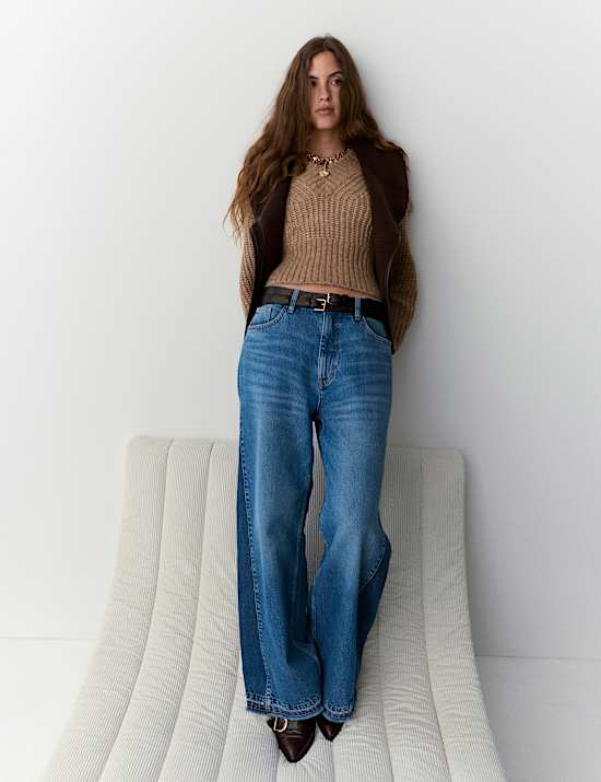 Jean taille haute coupe large en deux tons