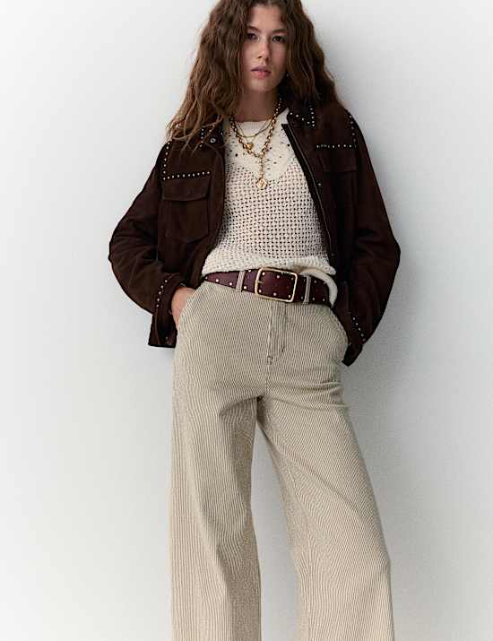 Cotton Rich High Waisted Striped Wide Leg Jeans