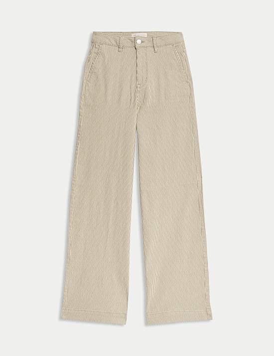 Cotton Rich High Waisted Striped Wide Leg Jeans