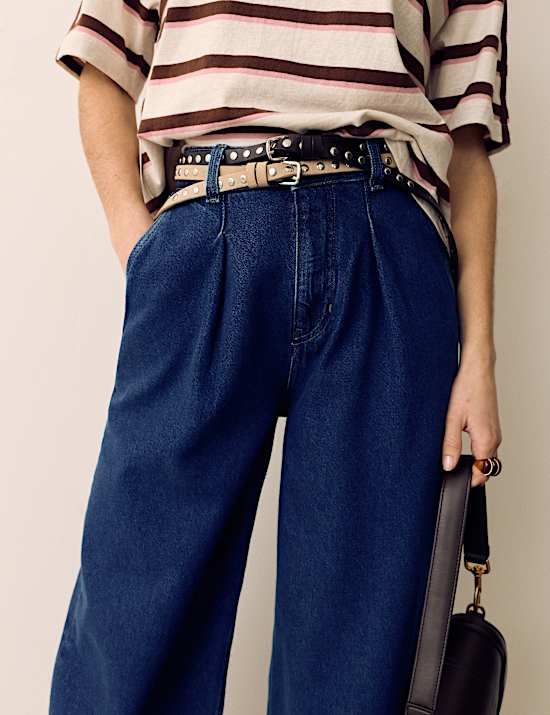 Denim High Waisted Pleat Front Wide Leg Cropped Jeans