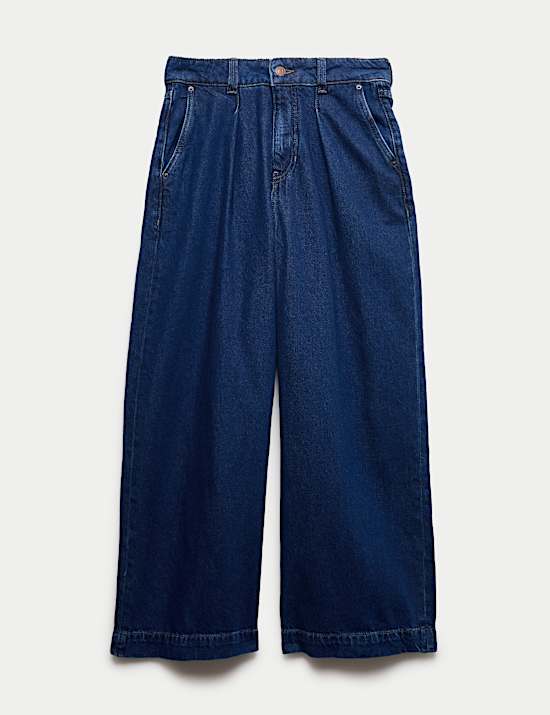 Denim High Waisted Pleat Front Wide Leg Cropped Jeans