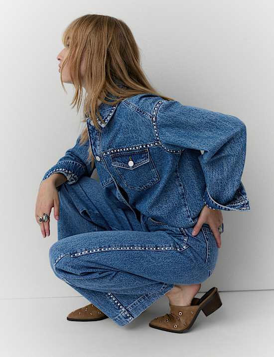 Denim Embellished Studded Wide Leg Jeans