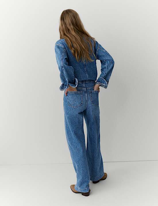 Denim Embellished Studded Wide Leg Jeans