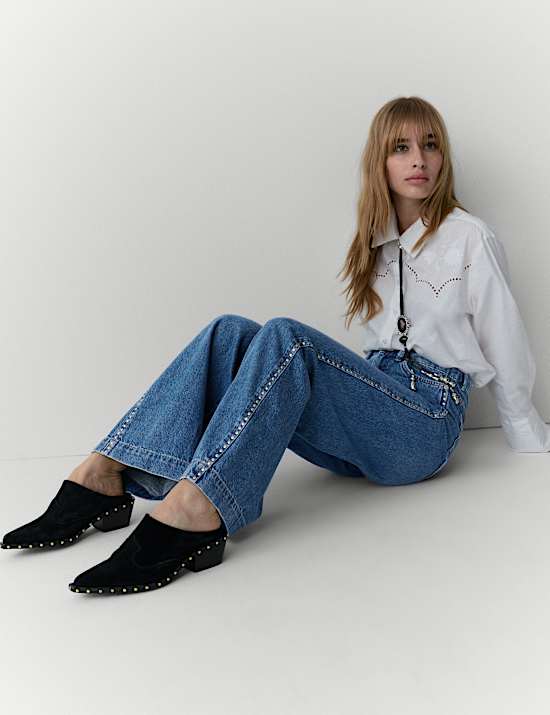 Denim Embellished Studded Wide Leg Jeans