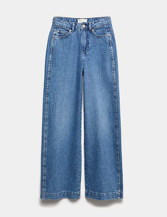 Denim Embellished Studded Wide Leg Jeans