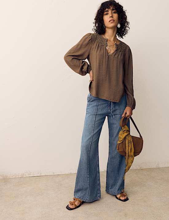 Denim Pintuck Wide Leg Jeans