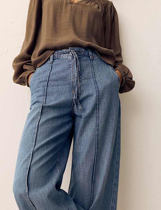 Denim Pintuck Wide Leg Jeans