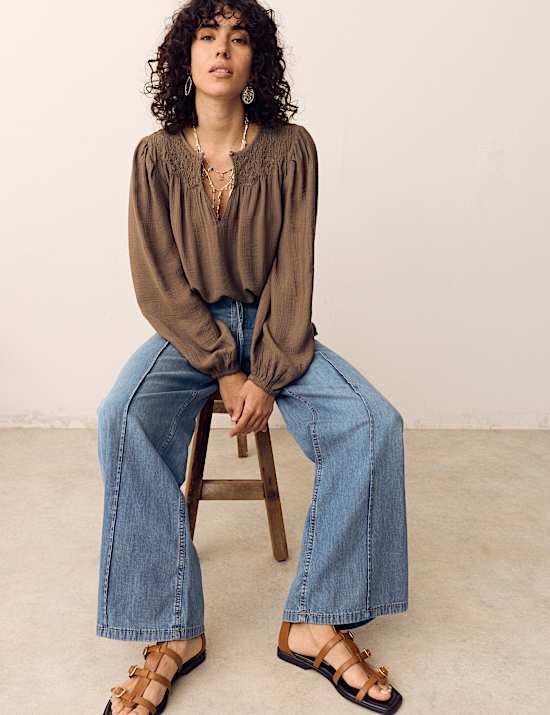 Denim Pintuck Wide Leg Jeans