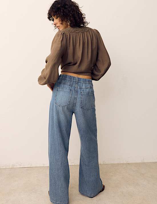 Denim Pintuck Wide Leg Jeans