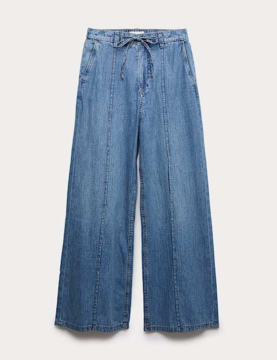 Denim Pintuck Wide Leg Jeans