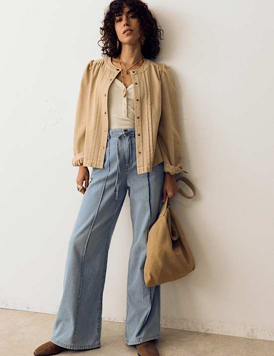 Denim Pintuck Wide Leg Jeans