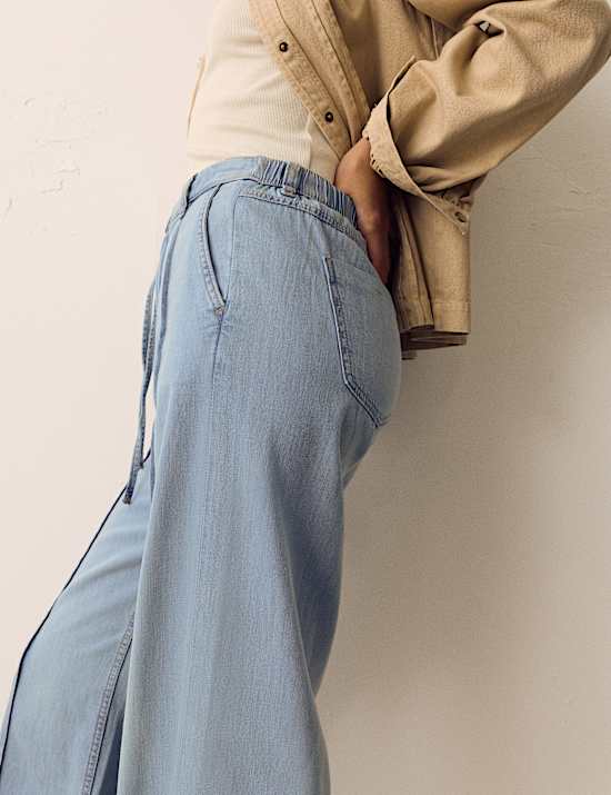 Denim Pintuck Wide Leg Jeans
