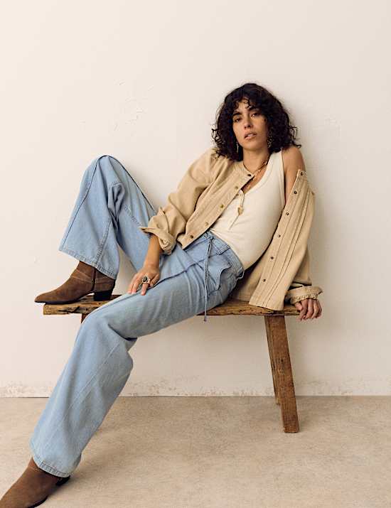 Denim Pintuck Wide Leg Jeans