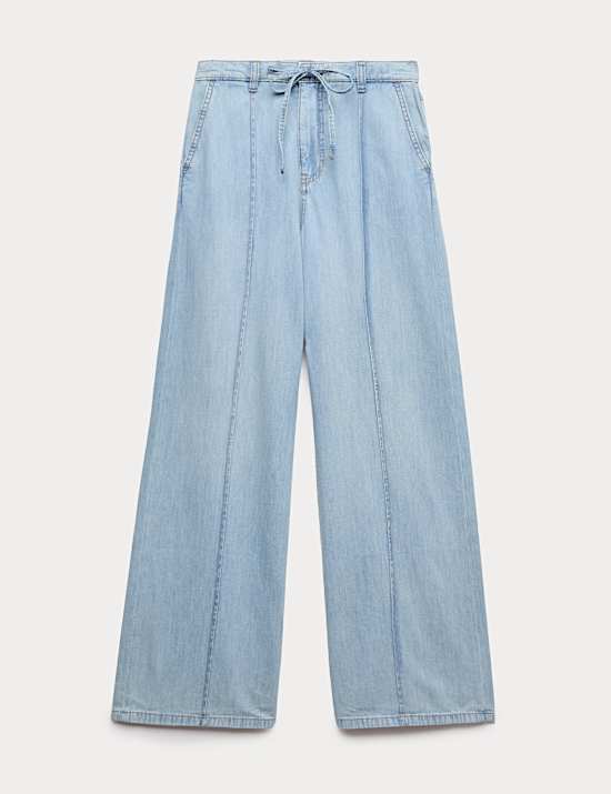 Denim Pintuck Wide Leg Jeans