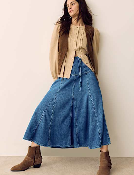 Denim Tie Waist Midi Skirt