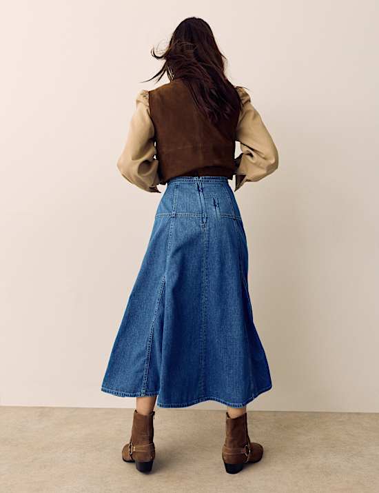 Denim Tie Waist Midi Skirt