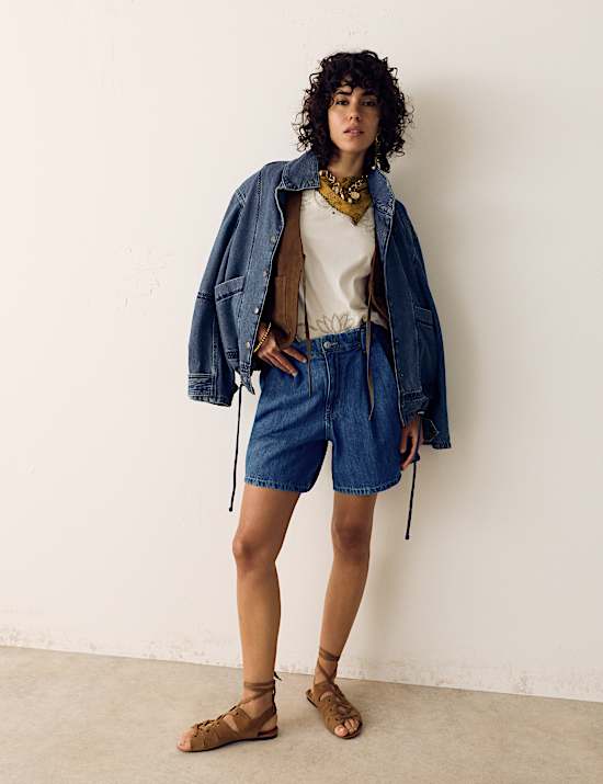 Pleat Front Denim Shorts