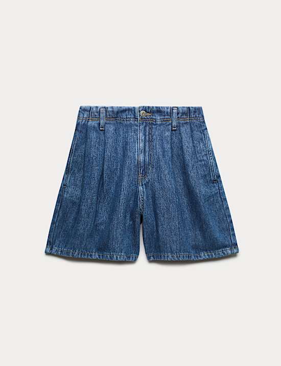 Pleat Front Denim Shorts