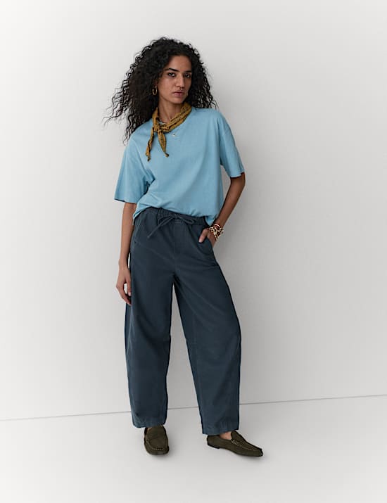 Cotton Rich Drawstring Barrel Leg Trousers