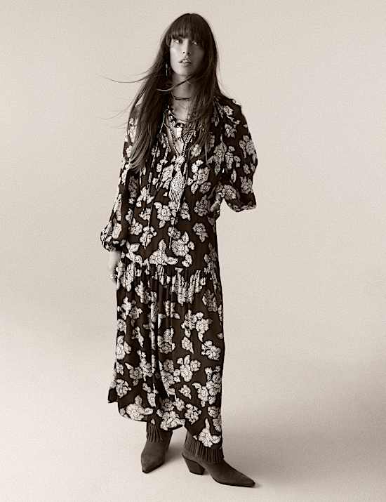 Crepe Floral Tie Neck Midaxi Waisted Dress