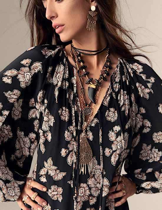 Crepe Floral Tie Neck Midaxi Waisted Dress