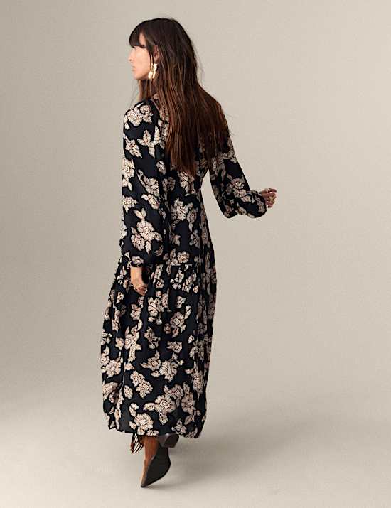 Crepe Floral Tie Neck Midaxi Waisted Dress