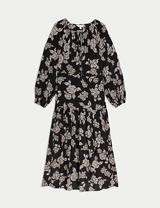 Crepe Floral Tie Neck Midaxi Waisted Dress