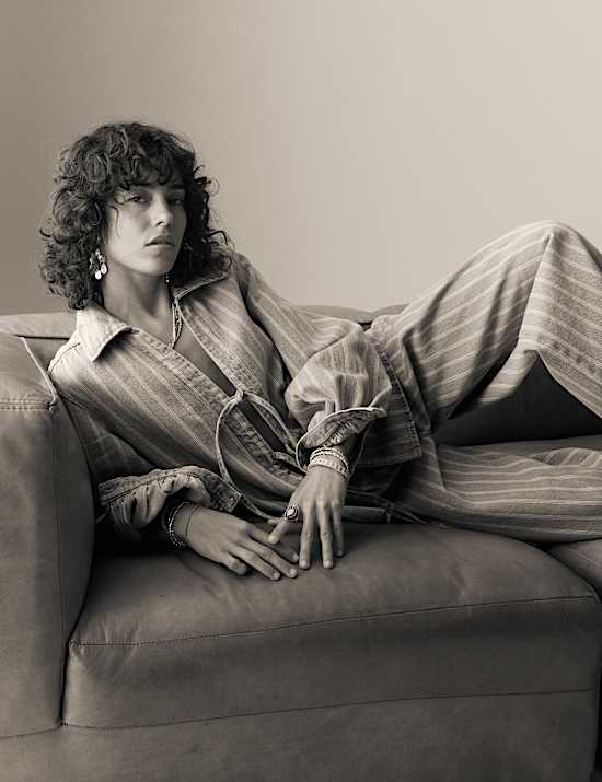 Pure Cotton Denim Striped Wide Leg