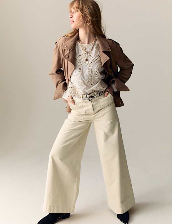 Pure Cotton Patch Pocket Wide Leg Trousers