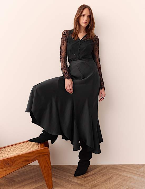 High Waisted Asymmetric Satin Maxi Skirt