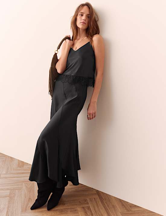 High Waisted Asymmetric Satin Maxi Skirt