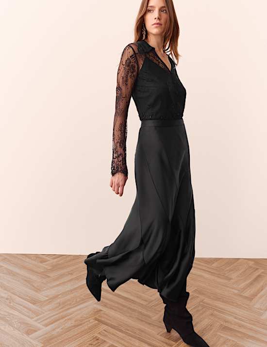 High Waisted Asymmetric Satin Maxi Skirt