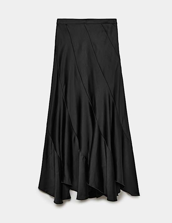 High Waisted Asymmetric Satin Maxi Skirt