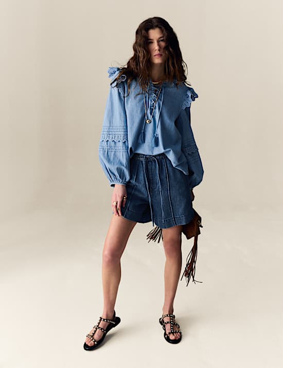 Denim High Waisted Seam Detail Shorts