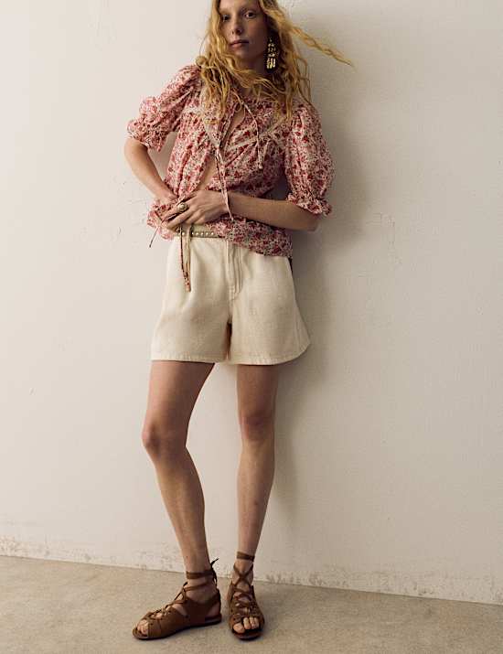 Cotton Rich Denim Pleated Shorts