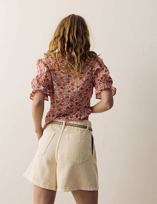 Cotton Rich Denim Pleated Shorts