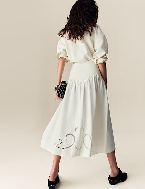 Denim Cutwork Detail Midi Skirt