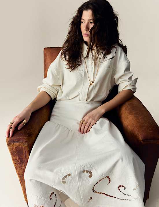 Denim Cutwork Detail Midi Skirt