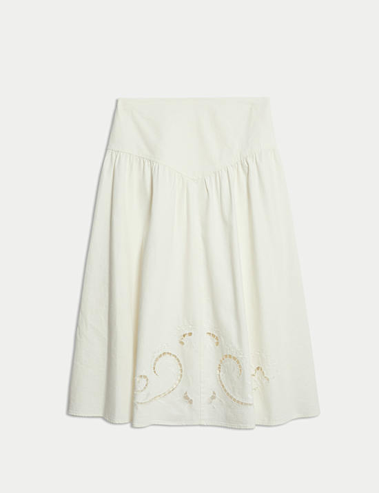 Denim Cutwork Detail Midi Skirt