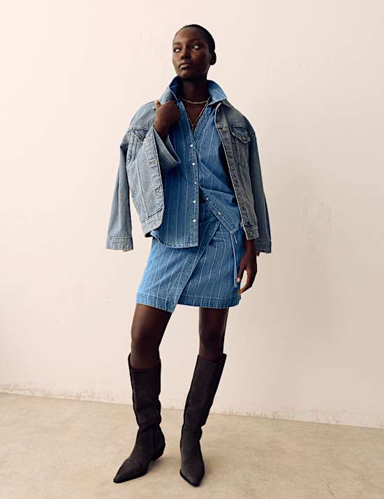 Denim Striped Mini Wrap Skirt