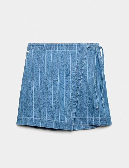 Denim Striped Mini Wrap Skirt