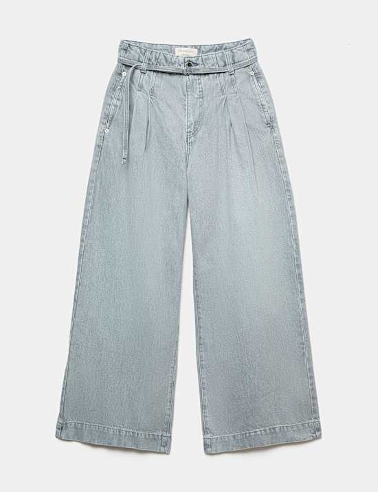 High Waisted Belted Slouchy Wide Leg Jeans