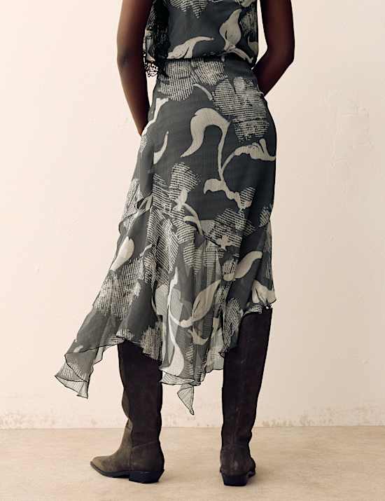 Printed Ruffle Midi Skirt