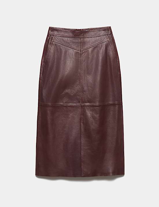 Jupe coupe droite midi en cuir &agrave; panneau