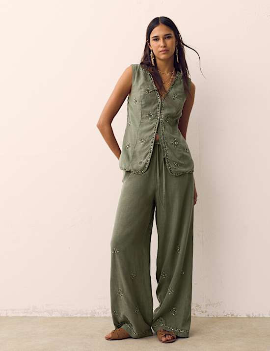 Lyocell Rich Embellished Wide Leg Trousers