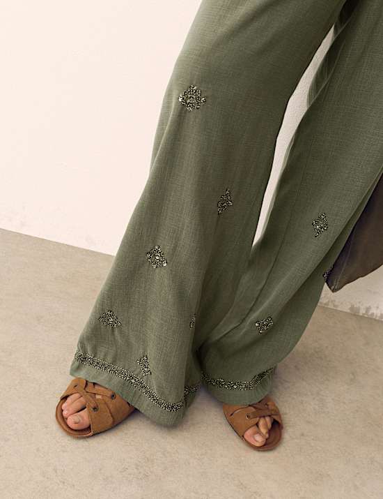 Lyocell Rich Embellished Wide Leg Trousers